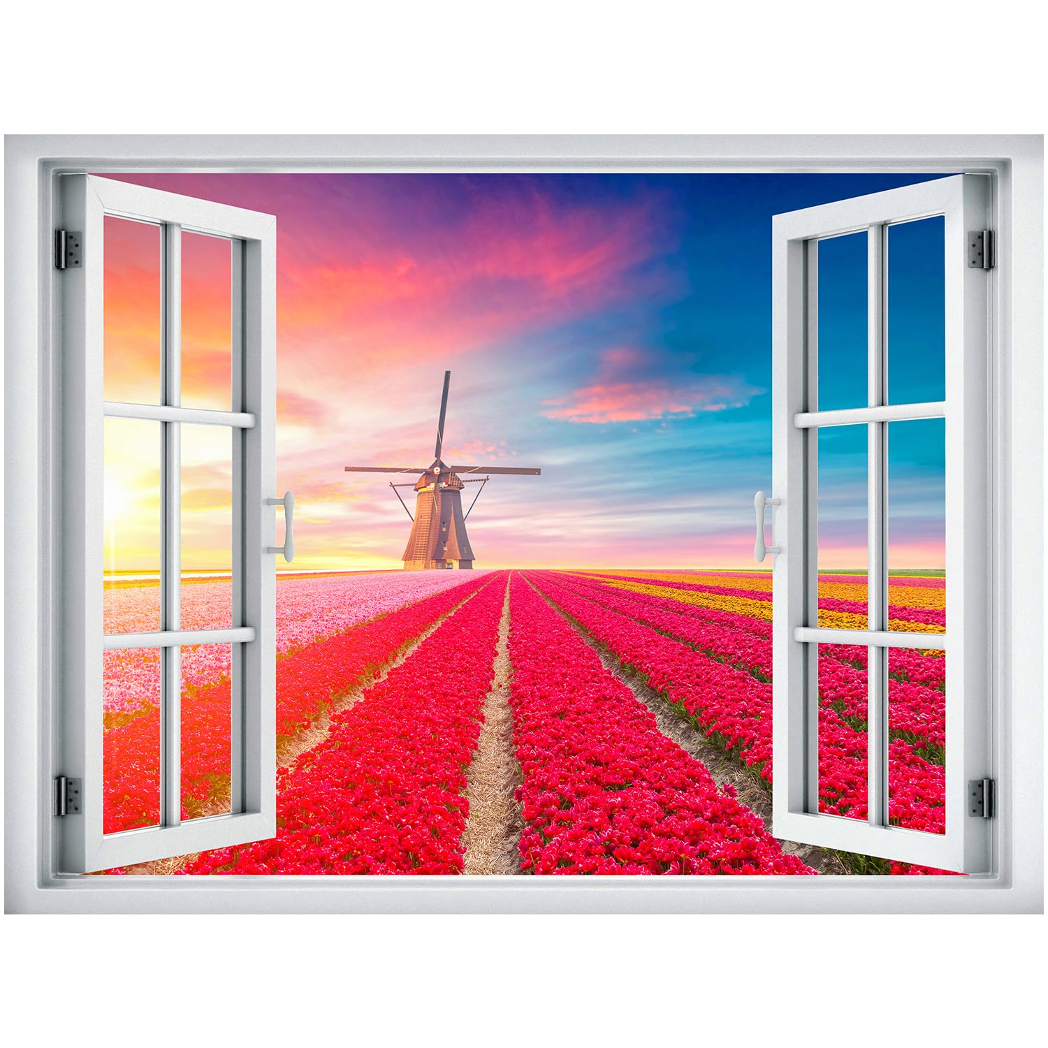 wall26 Removable Wall Sticker/Wall Mural Window View Vibrant Sunset Dutch Windmill Flower Field Nature Wilderness Photography Realism Landscape Multicolor for Living Room  Bedroom  Office - 24''x32''